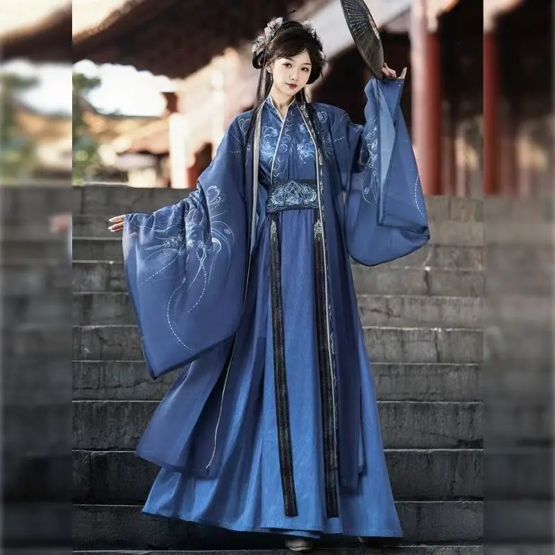 

2026 Upgraded Blue Hanfu Men Women Traditional Chinese Printing Large Sleeve Clothing Halloween Event Wuxia Cosplay Costume Han