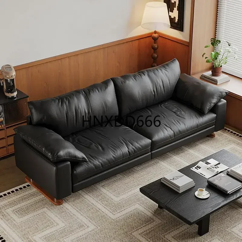 Large and small apartment household living room black first-layer cowhide tall sailing sofa