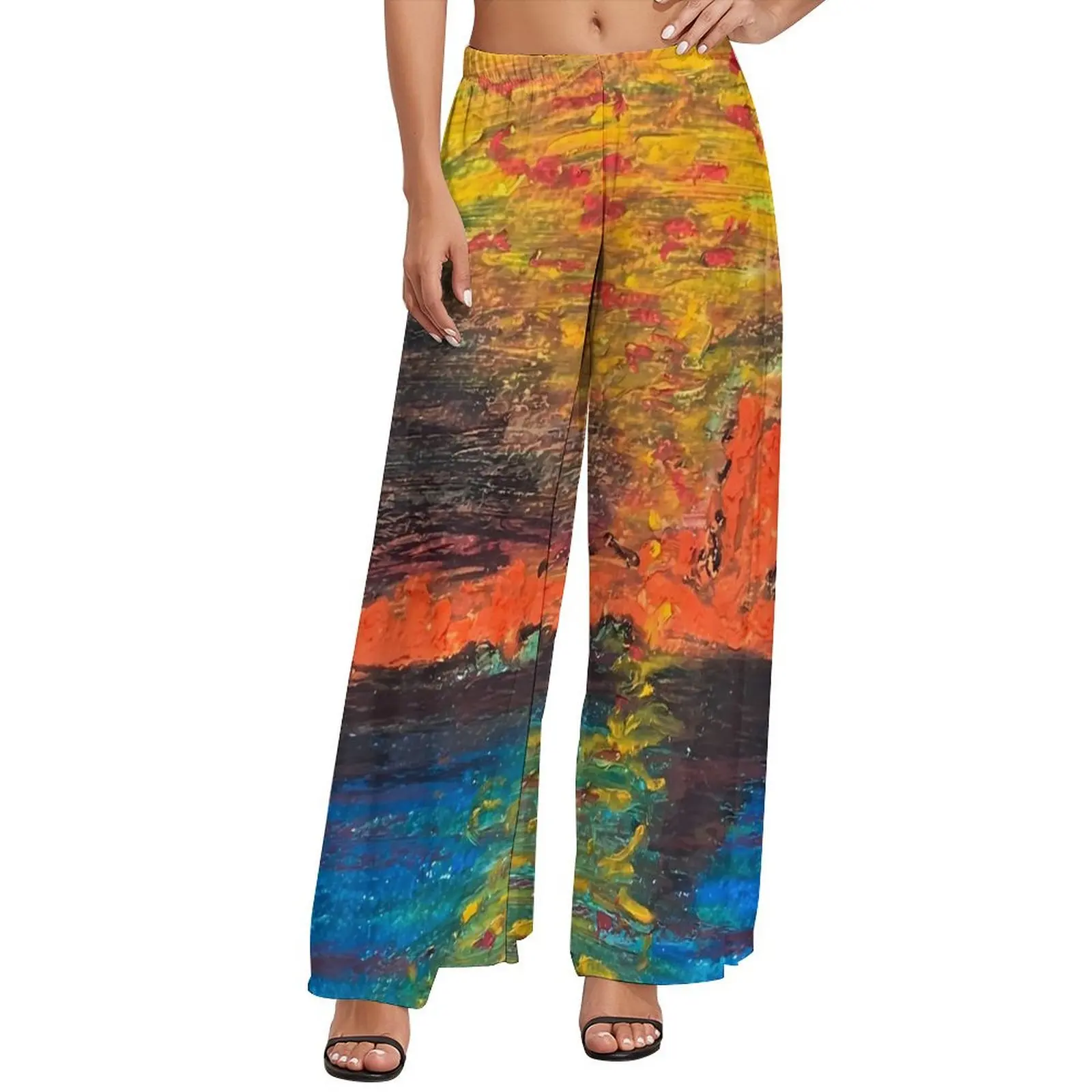 

Oil Painting Straight Pants Abstract Landscape Elegant Wide Pants Female Oversized Aesthetic Pattern Trousers