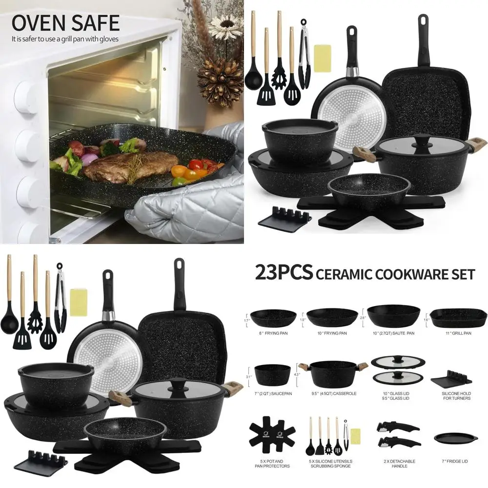 

Black 23-Piece Nonstick Detachable Handle Cookware Set, Induction Compatible with Removable Handles, Including Frying Pans and S