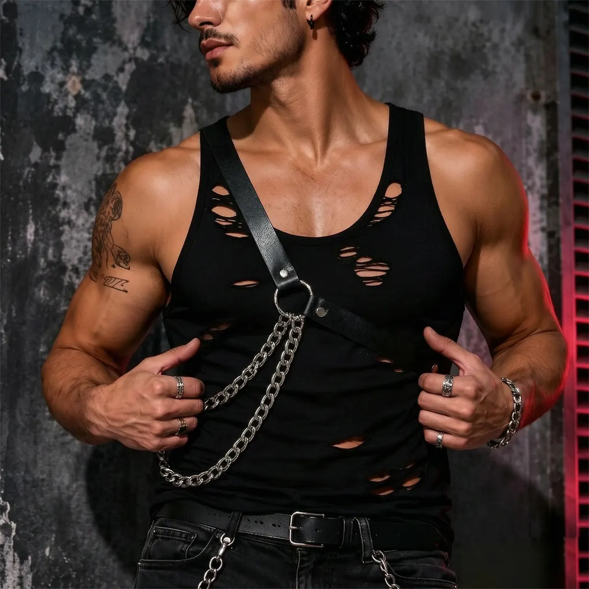 Mens PU Leather Chest Harness Adjustable Shoulder Strap Accessory Edgy Alternative Fashion Gothic Style Festival Party Wear