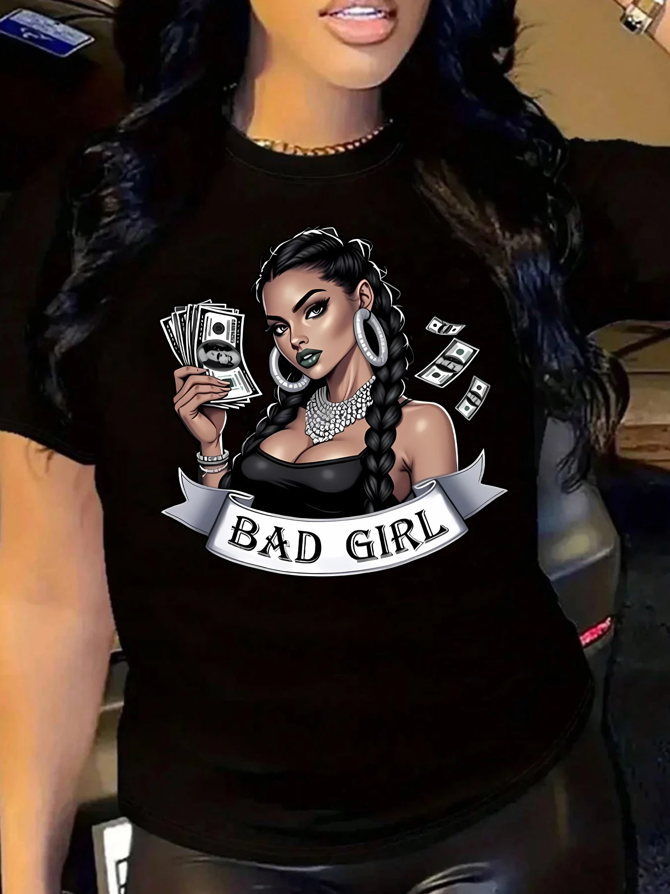 

BAD GIRL Letter Holding Money Women Pattern Summer Daily Short sleeved T-shirt Trendy Women Polyester Fiber