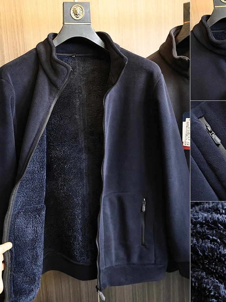 

High Densi Fce Coral Velvet Autumn Winter Men's Outdoor Jaet Windproof Warm Stand Collar Zipper Closure Long Sve Coat