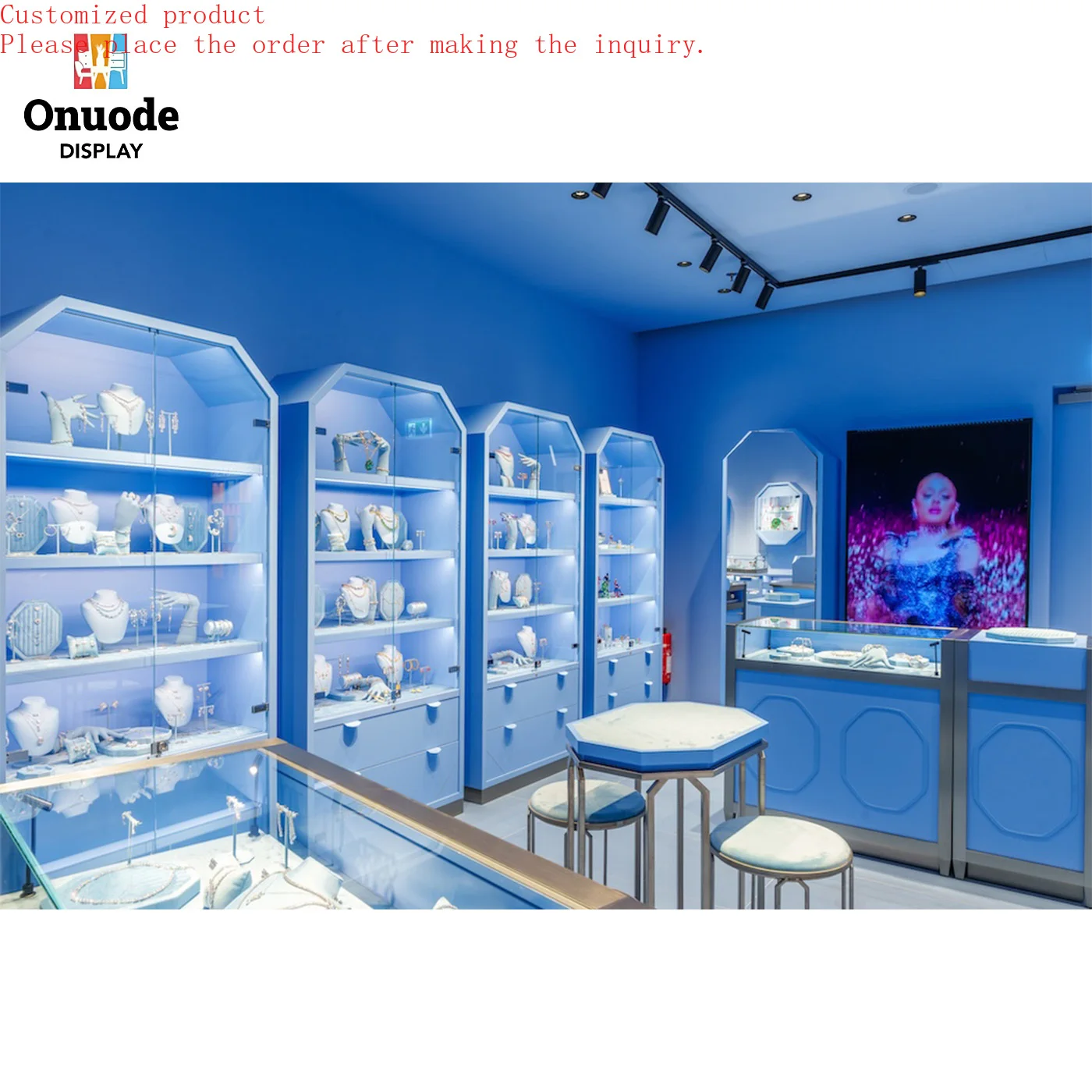 

Custom.Stainless Steel Jewelry Display Showcase Custom Luxury Glass Jewelry Cabinet for Retail Store Shopping Mall Counter Desig