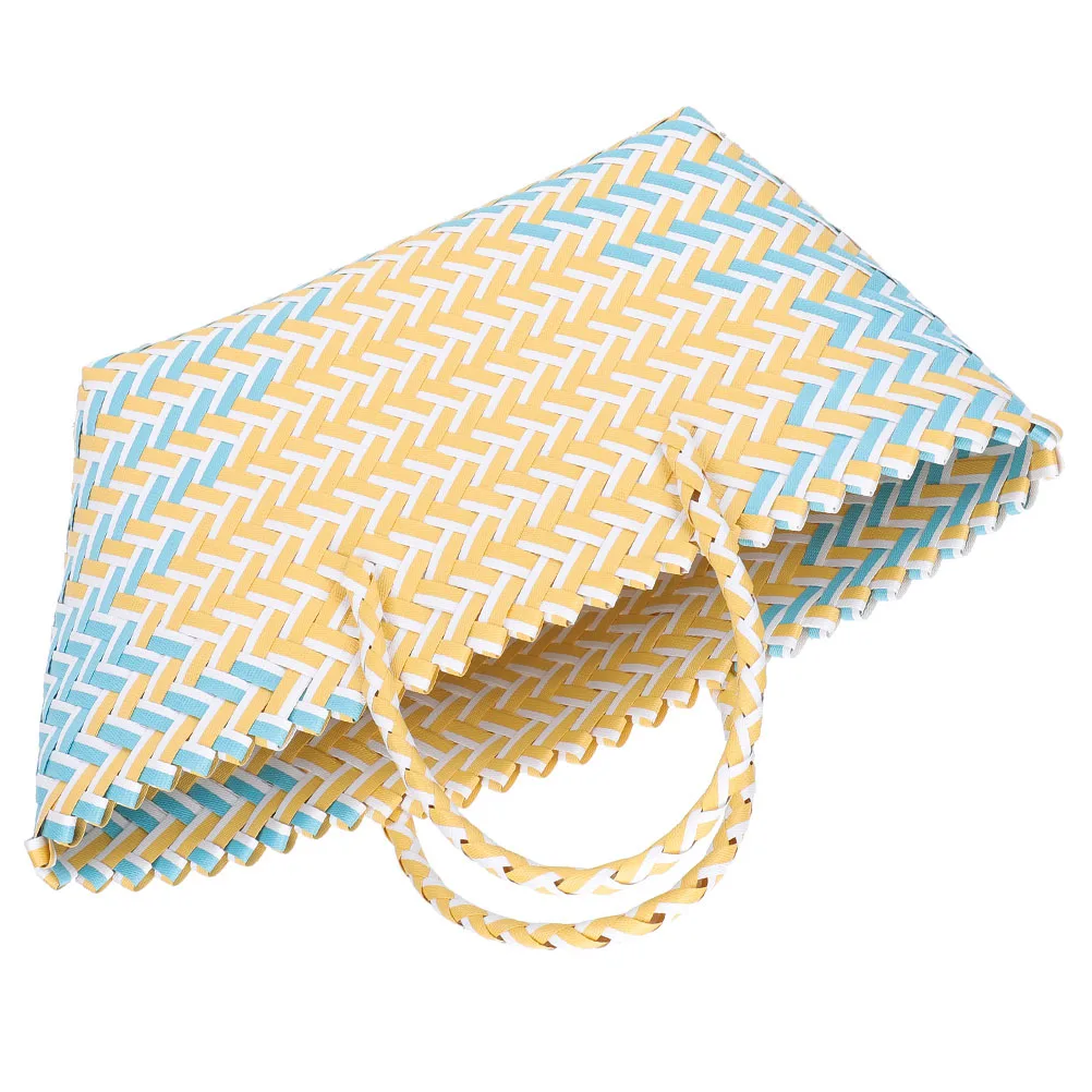 

2 Pcs Striped Vegetable Basket Women Tote Plastic Handles Woven Shopping Storage Baskets Small Supermarket Portable Practical