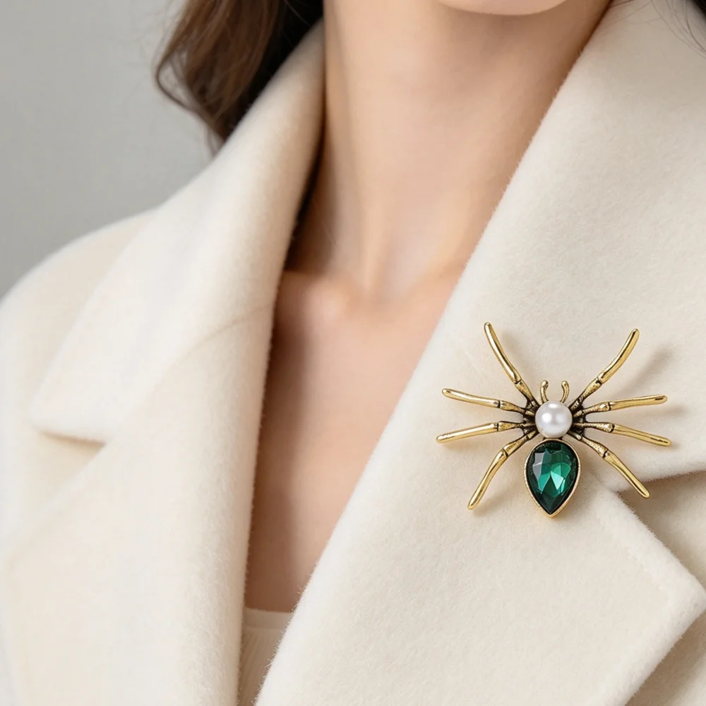 Vintage Spider Brooch for Women Gothic Crystal Insect Lapel Pin Suit Dress Clothing Brooches for Party Halloween Decor Gift