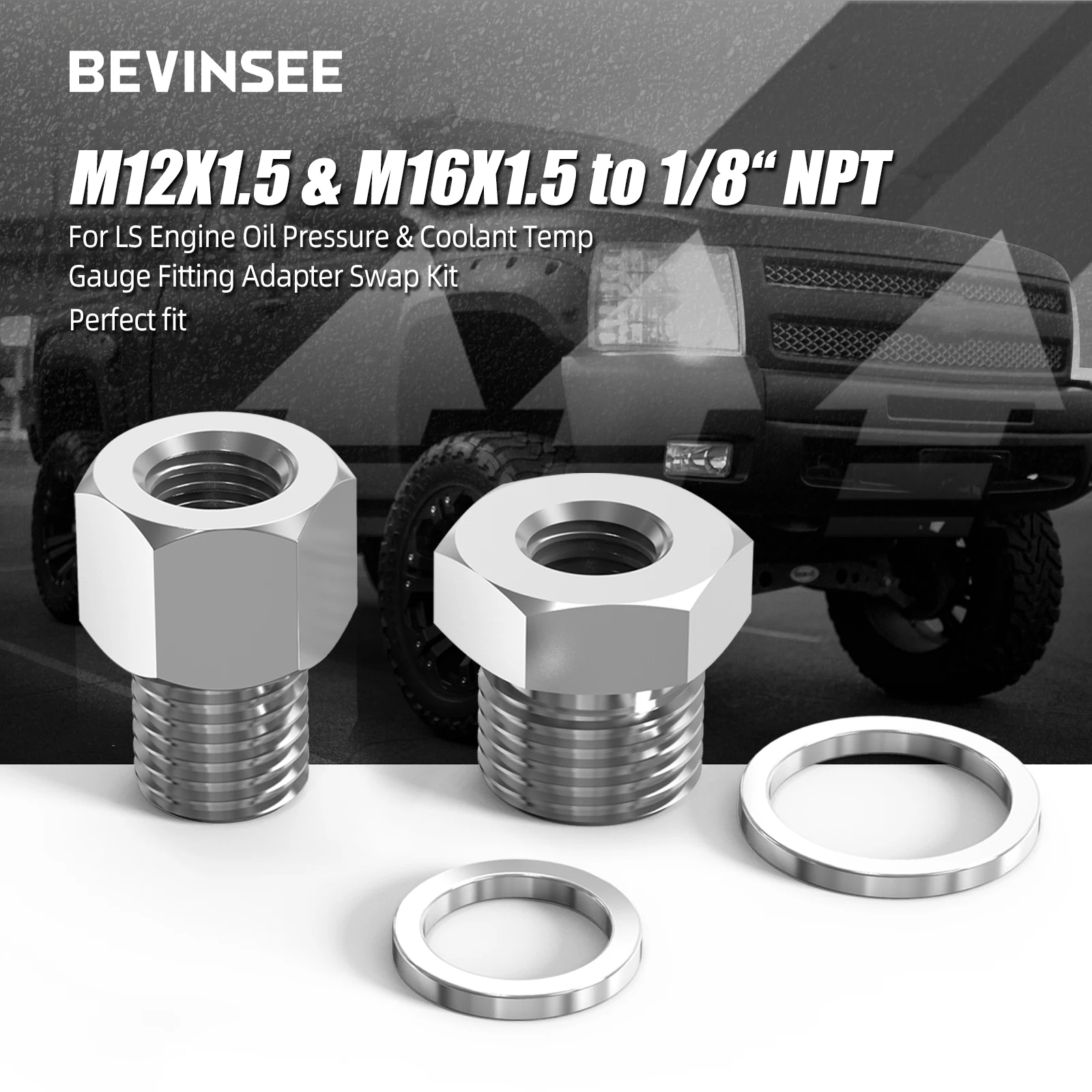 BEVINSEE Stainless Steel Oil Pressure Coolant Temp Gauge Adapter Kit for LS Engine LS1 LS2 LS3 LS7 Swap, M12 M16 Fitting