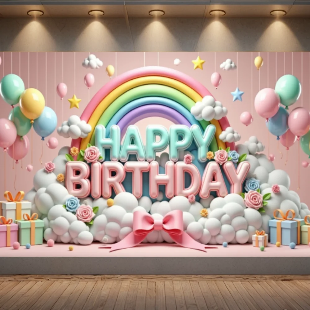 عيد ميلاد سعيد خلفية راية بالونات قوس قزح سحابة الطفل الأطفال حفلة عيد ميلاد الديكور خلفية التصوير الدعائم #3
