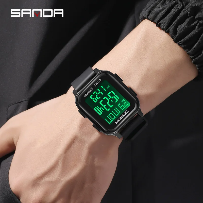 SANDA 2025 새로운 남성용 LED 전자 시계 방수 스포츠 알람 시계 다기능 학생 패션 전자 시계 선물