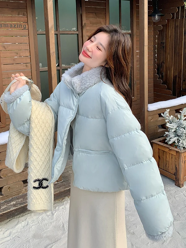 

Lamb Fur Spliced Blue Stand Collar Women's ort down Jaet Winter Faionable Warm Thi Outerwear Casual Loose Fit 50% down