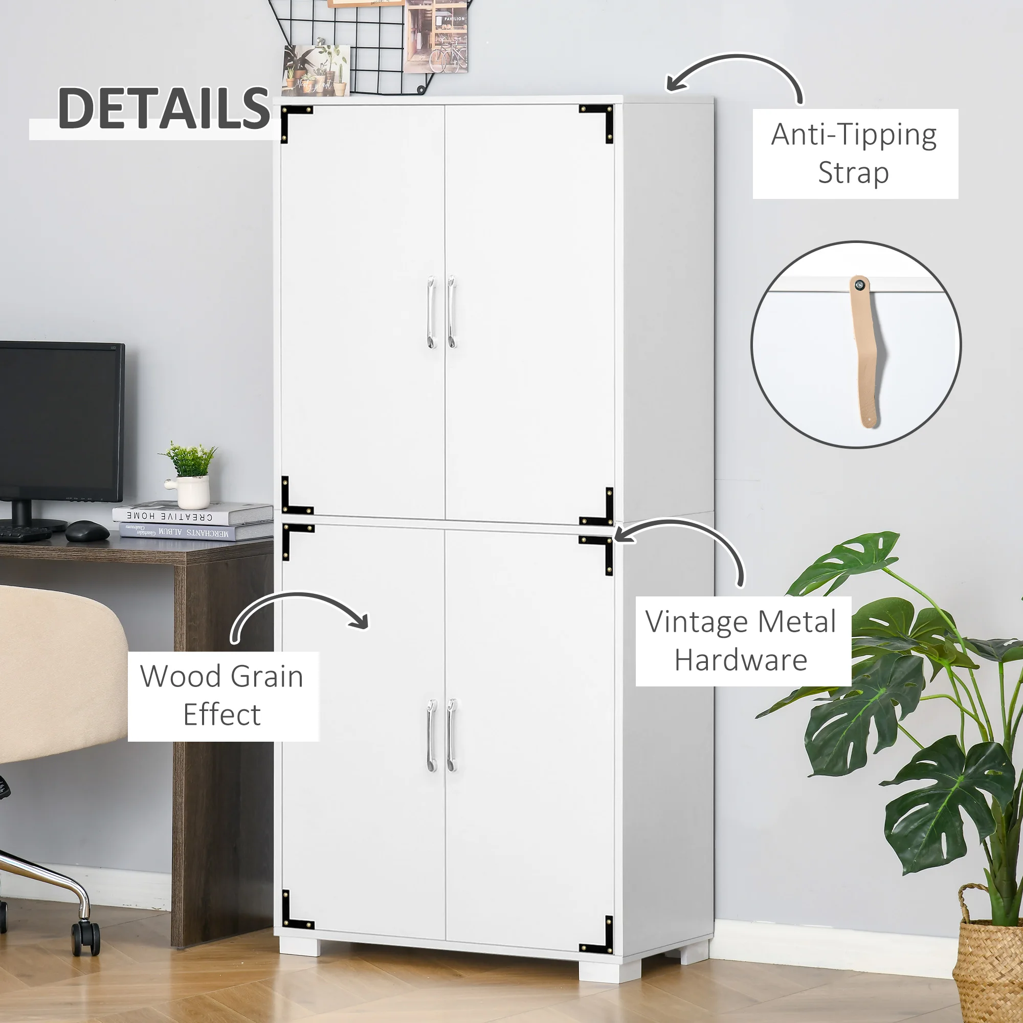 Industrial Style 4-Door Pantry Cabinet Organizer W/ Storage Shelves, White