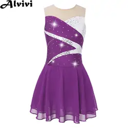 Kids Girls Figure Skating Dance Dress Sleeveless Sequin Rhinestone Sheer Mesh Ballet Leotard Tutu Stage Performance Dancewear