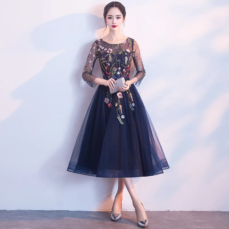 

Navy Blue Floral Embroidered Tulle A-Line Bridesmaid Dress Round Neck 3/4 Sleeve Midi Formal Gown With Waist Sash