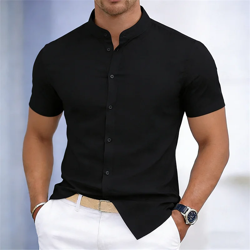 Men's stand-up collar short-sleeved shirt, white or black, solid color shirt, slim fit business casual men's top, sizes XS-6XL.
