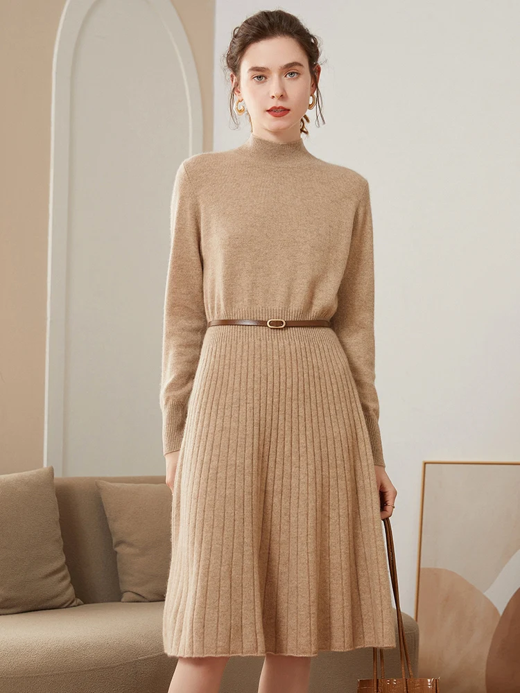 

100% Pure Cashmere Pulllover Swearter Dress Women Autumn Winter Half High Collar Pleated High-end Elegant Slimming Knitted Skirt