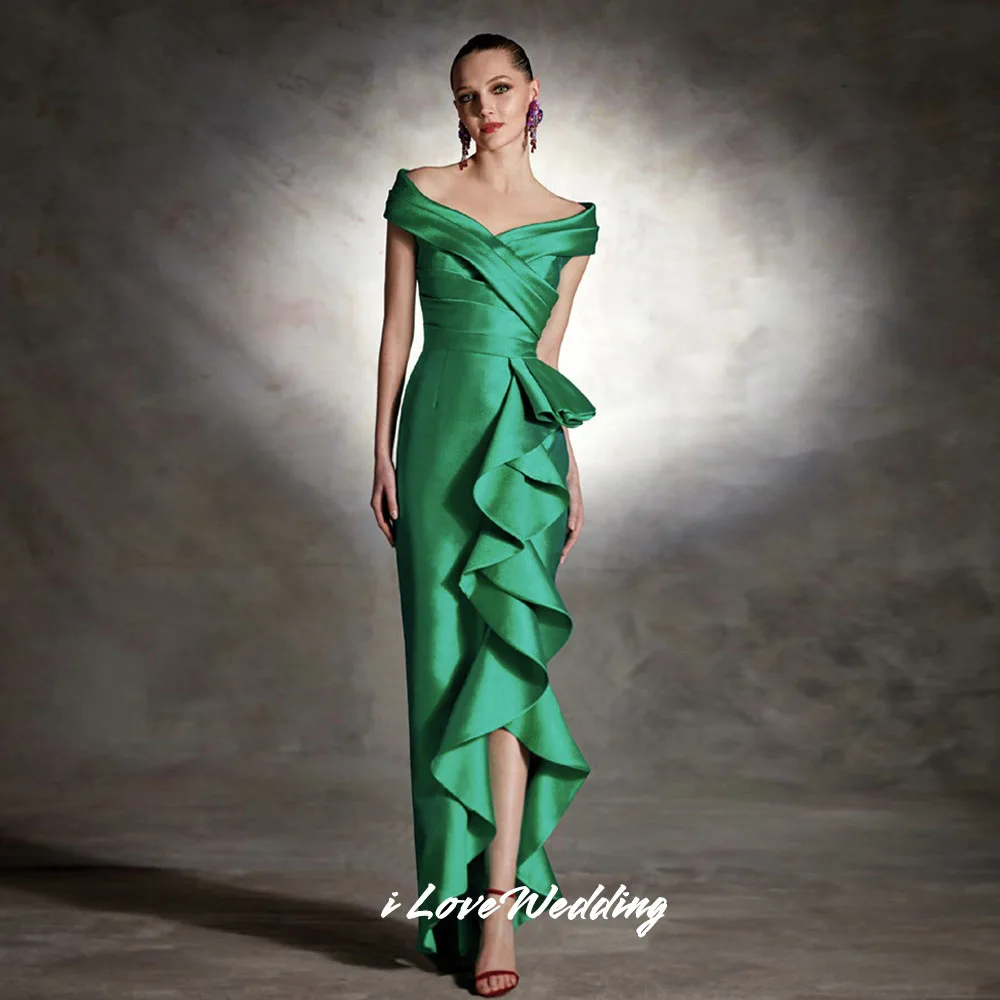 

Green Off the Shoulder Evening Dresses 2025 Satin V-Neck Ruffles Pleated Mermaid Floor-Length Wedding Party Dresses Customized