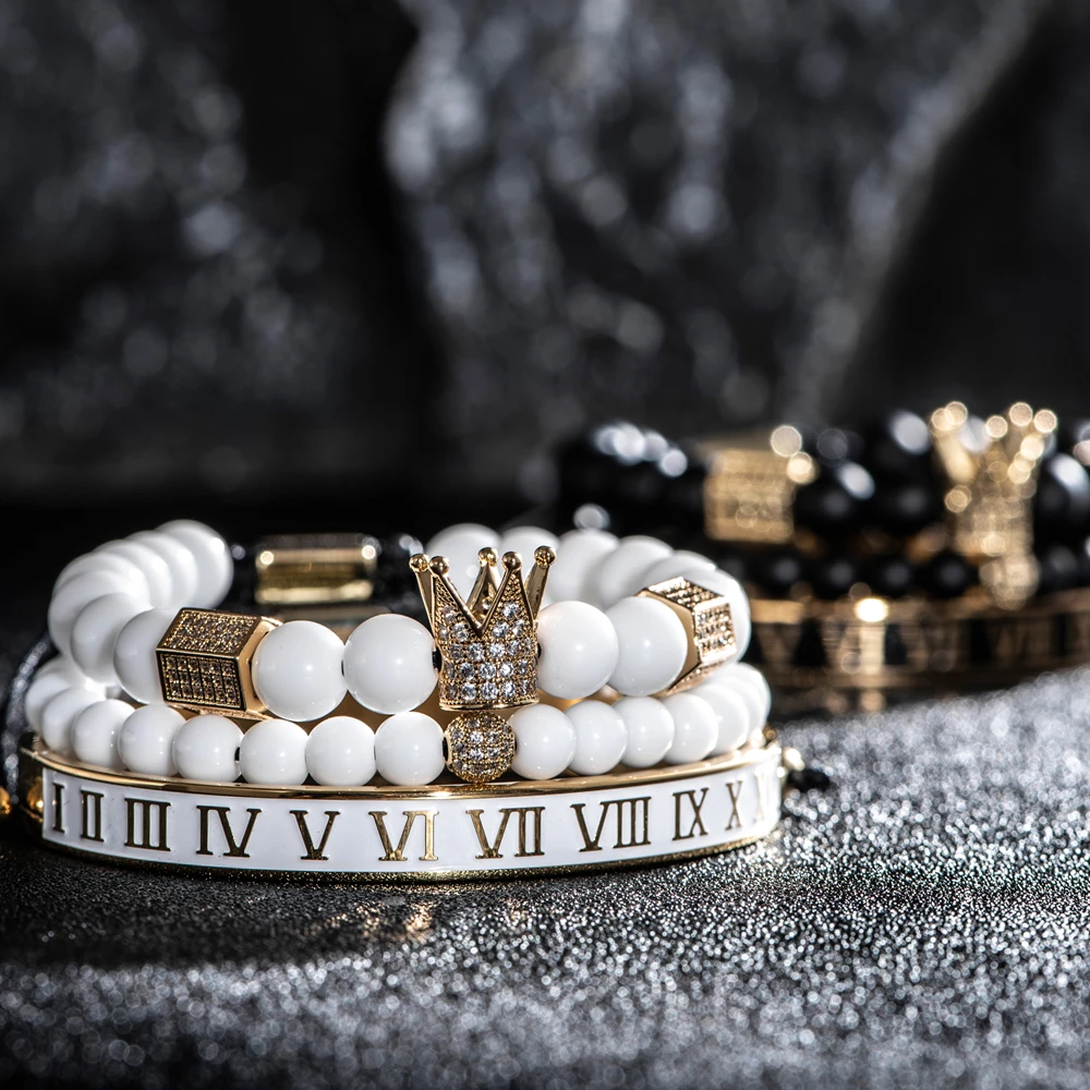 Luxury Charm CZ Crystal Crown Gold Color Bracelet Men White Enamel Roman Number Stainless Steel Bangles Europe Fashion Jewelry