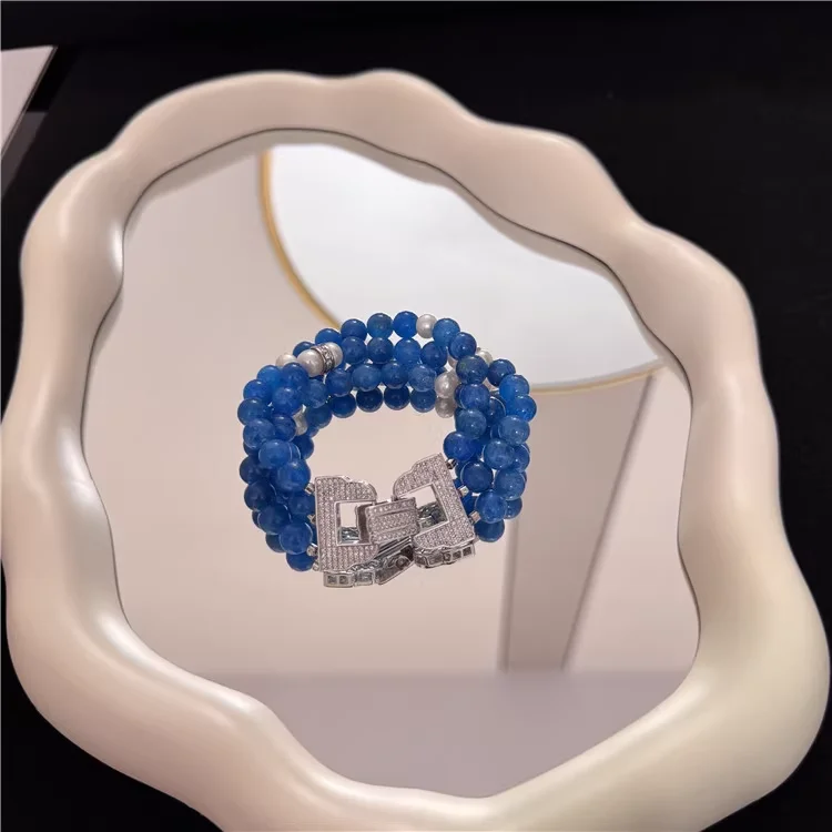 3 strands Natural Blue Chalcedony  Stone Bracelet Jewelry Gifts