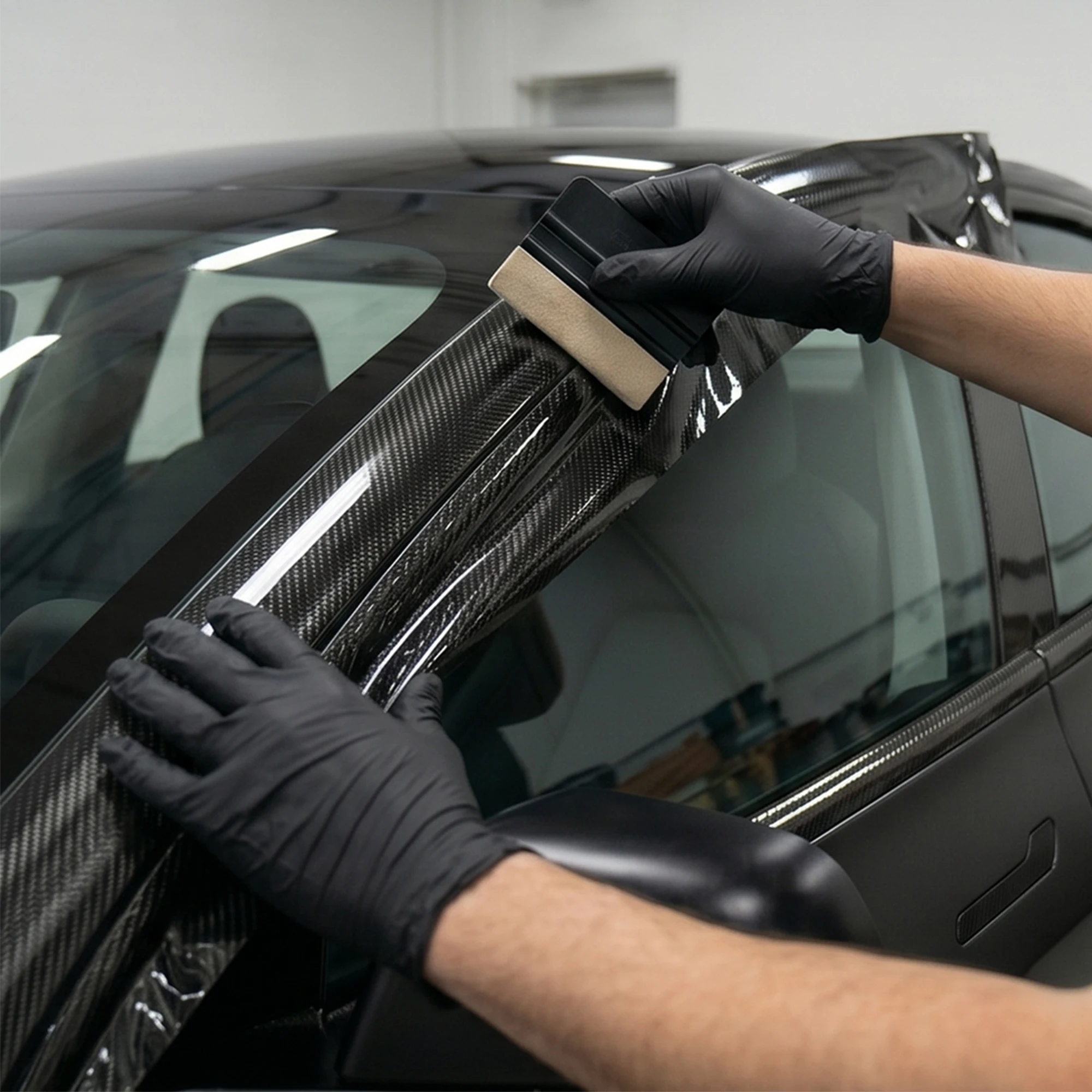 Glänzende PET 6D Carbonfaser Schwarze Auto-Fensterrahmen-Dekorfolie Vinyl Auto-Farbwechsel-Dekorationsfolie Luftblasenfrei – Detail 5