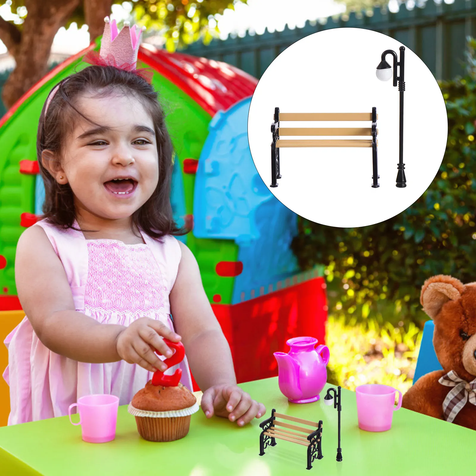 

2Pcs Miniature Park Chair Resin Street Light Post Long Chair Ornament for Home Garden Photo Prop Decoration Mini Street Light