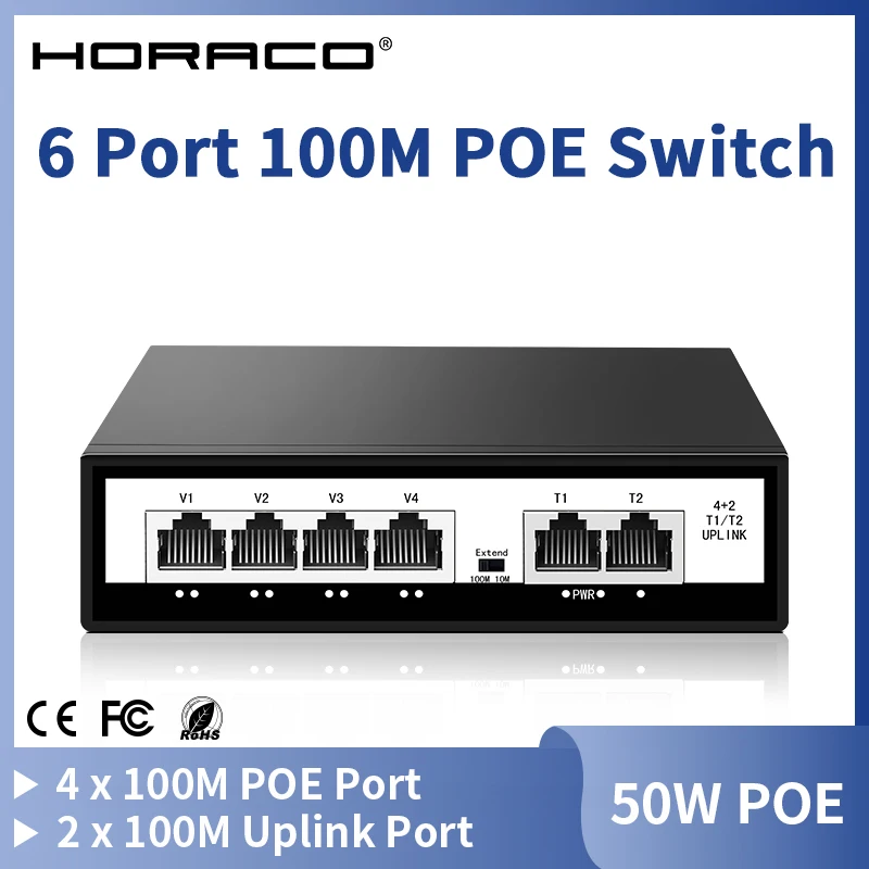 

HORACO 6-портовый коммутатор 100M POE 100 Мбит/с активный сетевой коммутатор POE 52 Вт для IP-камеры, NVR, наблюдения, CCTV, камеры POE