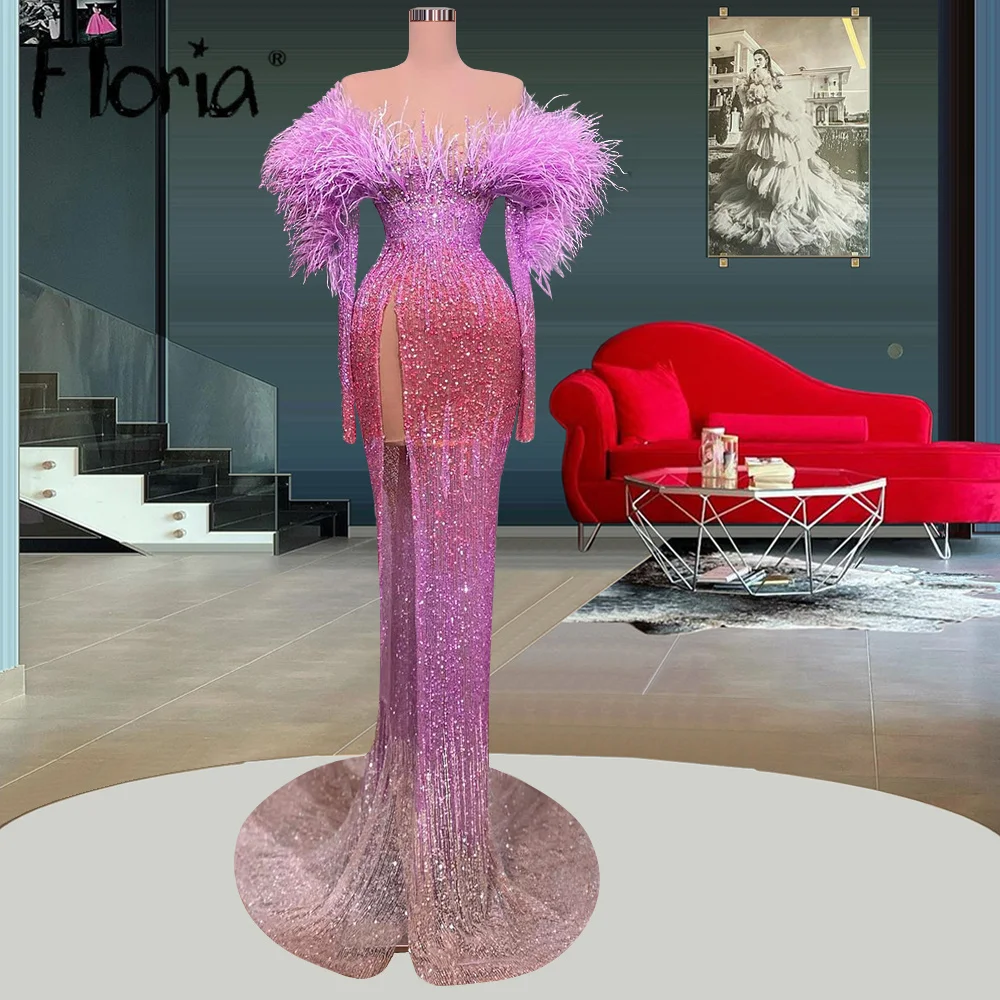 Fashion Purple Long Party Dress Luxury Feather Glitter Formal Prom Dresses Full Sleeves Bridal Gowns 2024 Gala Occasion Dresses