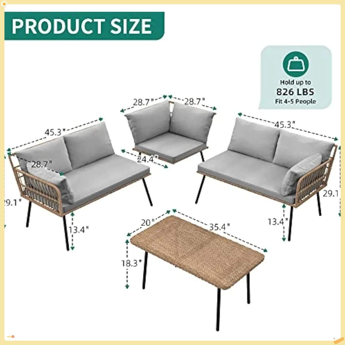 طقم أثاث للفناء مكون من 4 قطع، أريكة مقطعية على شكل حرف L للمحادثة الخارجية مع 5 مقاعد للفناء الخلفي والشرفة