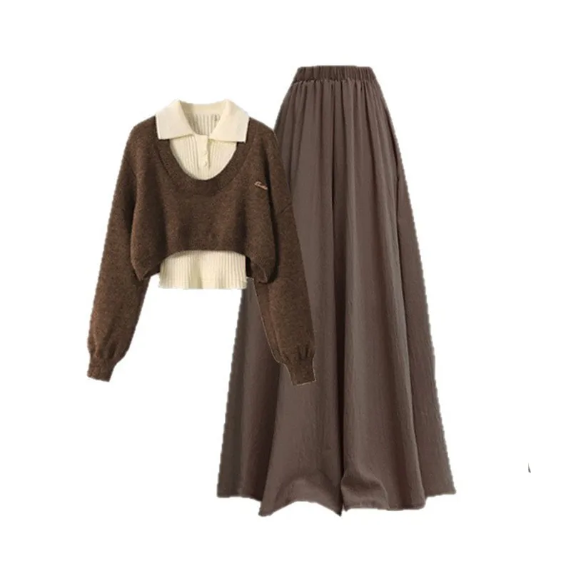 Autumn Set 2025 New Mirad Worn Design Knit Sweater Base Sweater Paired with Slimming Skirt Pants Three Piece Set Pant Sets