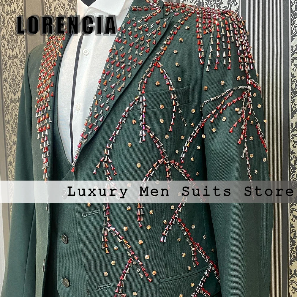 Elegant Beading Suit for Men 3 Piece Peak Label Wedding Groom Tuxedos Male Clothing Customized Blazer Pants Vest costumes homme