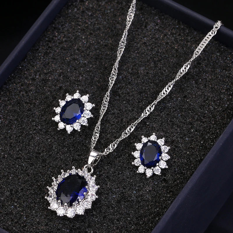 LXOEN Classic Oval Blue Crystal Jewelry Sets for Women White Gold Color Queen Style Wedding Set  Necklace and Earing Set