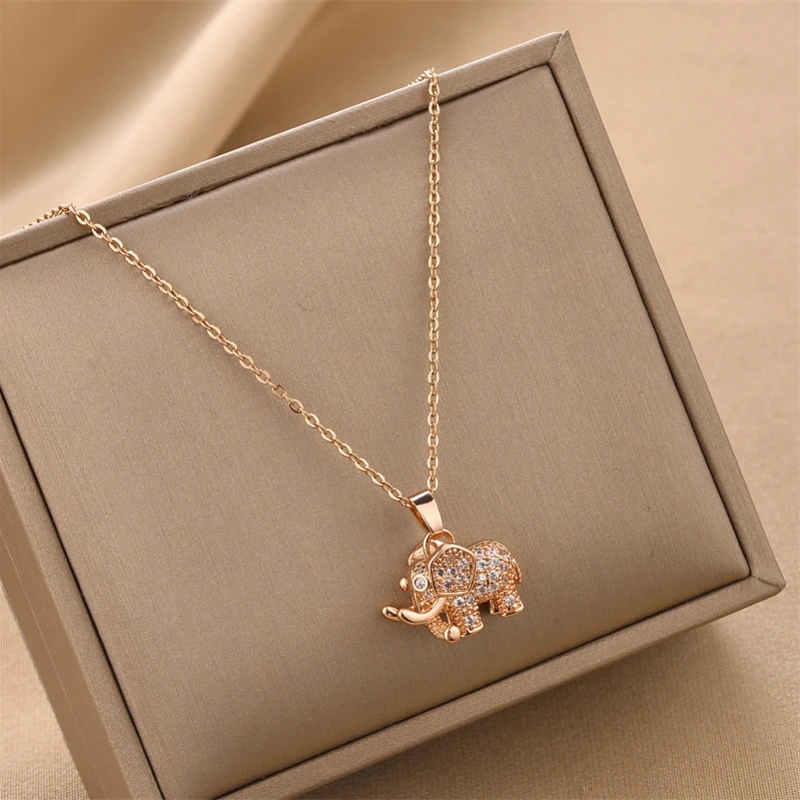 Women\'s Luxury Cubic Zirconia Elephant Pendant Necklace Stainless Steel Chain Aesthetic Statement Vintage Jewelry for Girls Gift