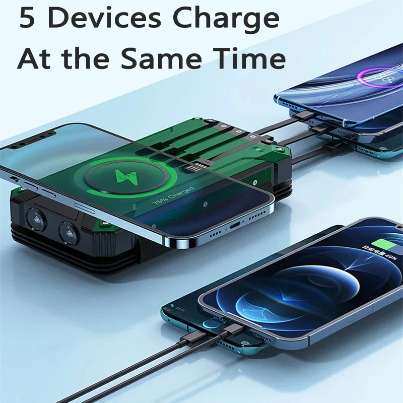 Solar Wireless Power Bank With Cable Solar Panel 30000mAh Portable Charger Powerbank External Battery Pack  For iPhone 16 Xiaomi