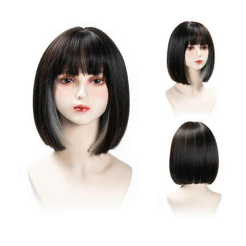 

European and American wigs, women's short hair BOBO highlights, fog blue, natural full head cover, long hair