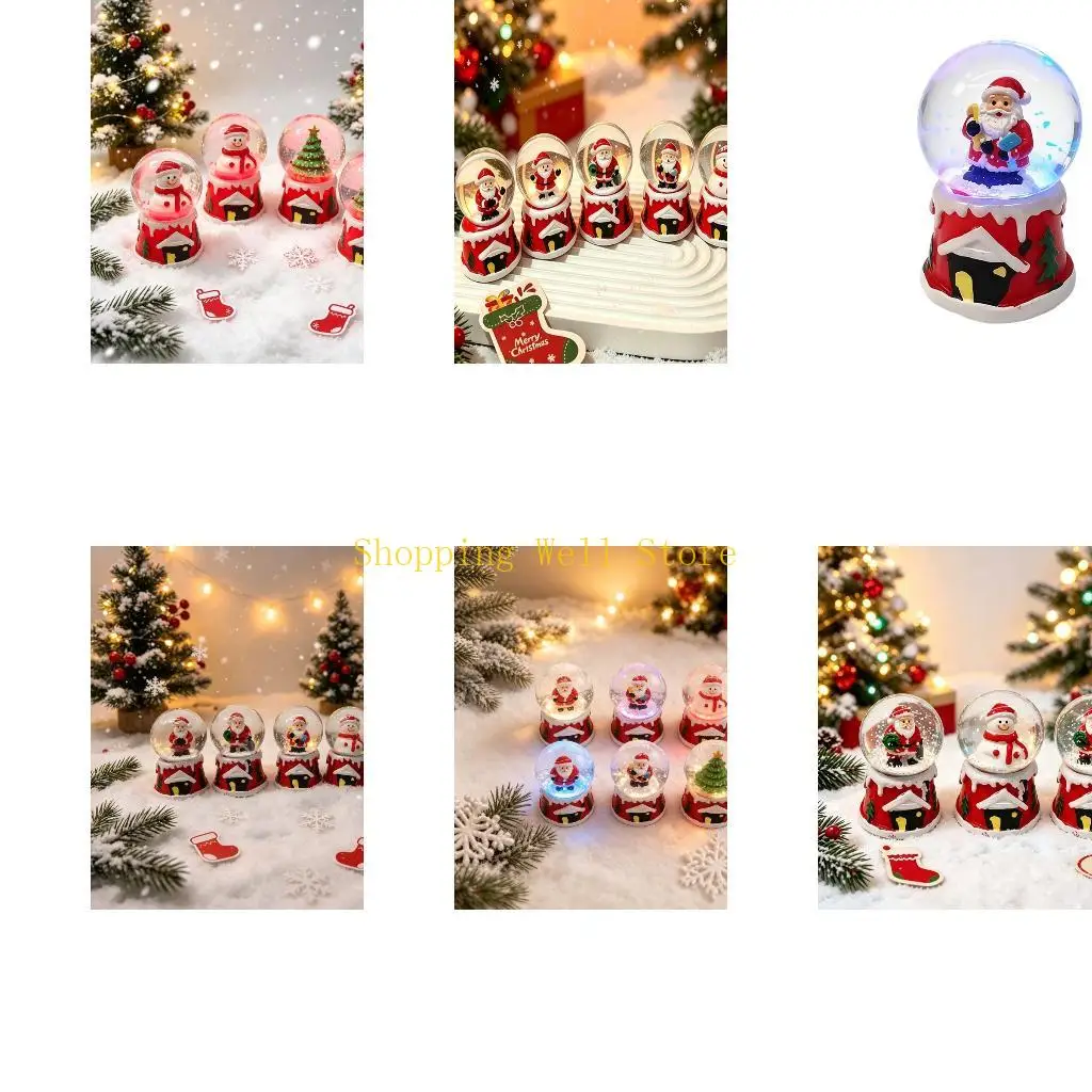 KX4B Mini LED Christmas Display Accent for Desks and Shelves, Lighted Water Ornament with Falling Snow Effect, Glass Holiday