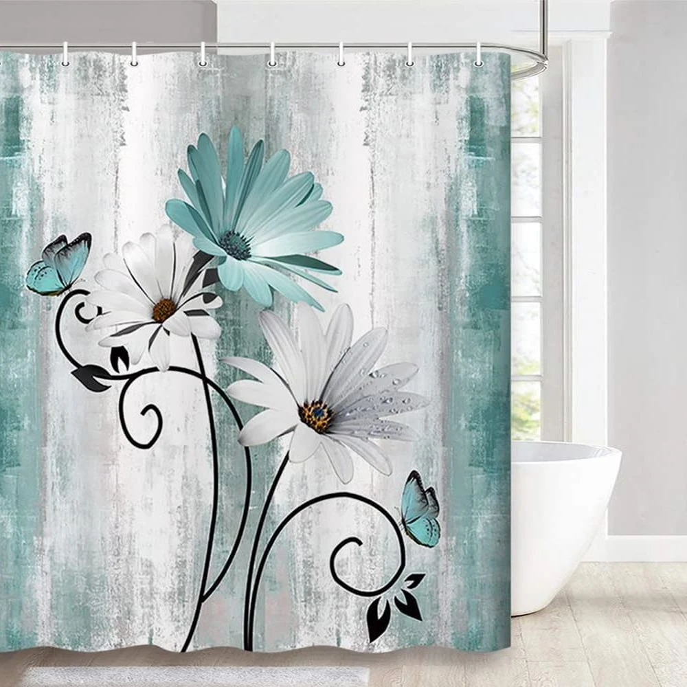 Teal Large Daisy Floral and Butterfly Shower Curtain Turquoise Bathroom Curtain  Waterproof Bathroom Decoration With Hooks