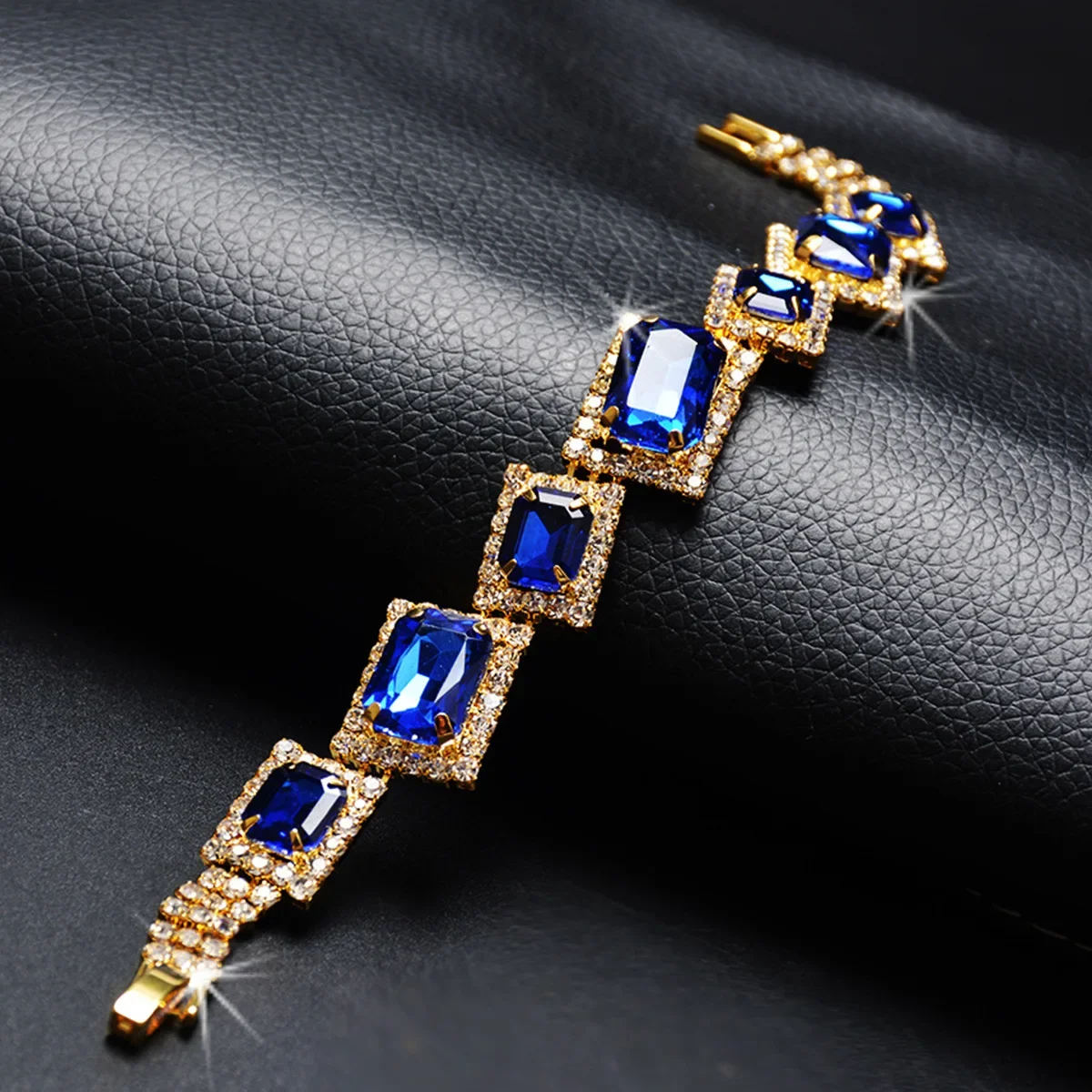 Real 18K Yellow Gold Personalized Square Crystal Bracelet for Women Valentines Gift Wedding Jewelry