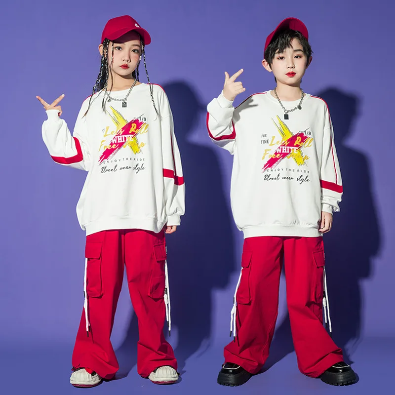 Kid Hip Hop Clothing White Letters Sweatshirt Red Casual Wide Cargo Drawstring Pants for Girls Boys Jazz Dance Costume Clothes