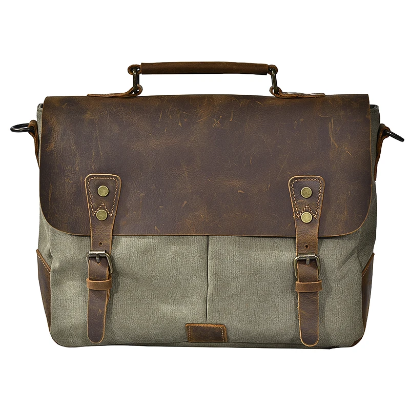 Bolso de hombro para hombre, bolsa de mensajero para ordenador portátil, Estilo Vintage británico, costura de lona, cuero de Caballo Loco suave