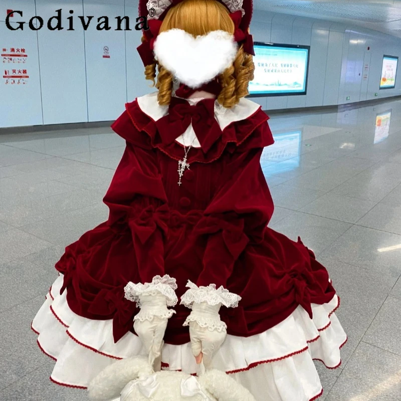 

Wine Red Velvet Cake Lolita Dress for Women Long Sleeve Autumn Winter Thickened Dress Female New Year Spring Festival Dress