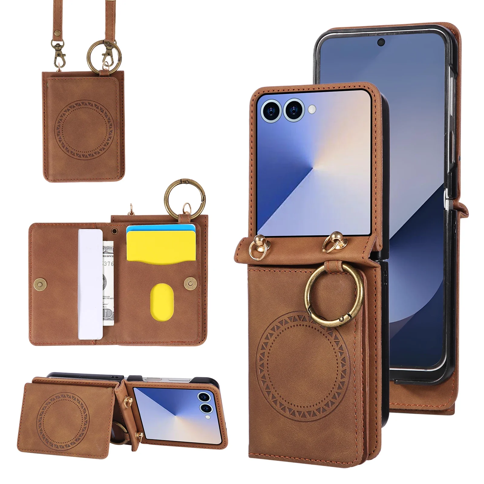Magnetische Leder-Geldbörse mit Kartenhalter, Handyhülle für Samsung Galaxy Z Flip 7, 6, 5, 4, 3, ZFlip7, Flip6, Flip5, Umhängetasche