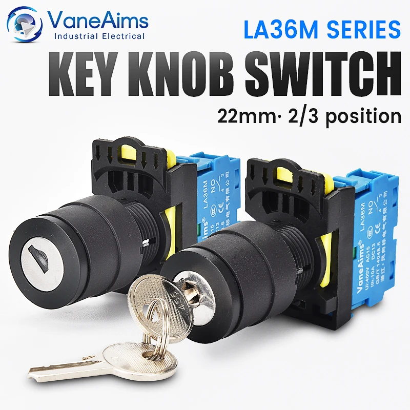VaneAims 22mm LA36M Key Switch 12v 220v 10A 2 Position 1NO On Off Knob Button 2NO 3 Position Rotary Switch Selector with Keys