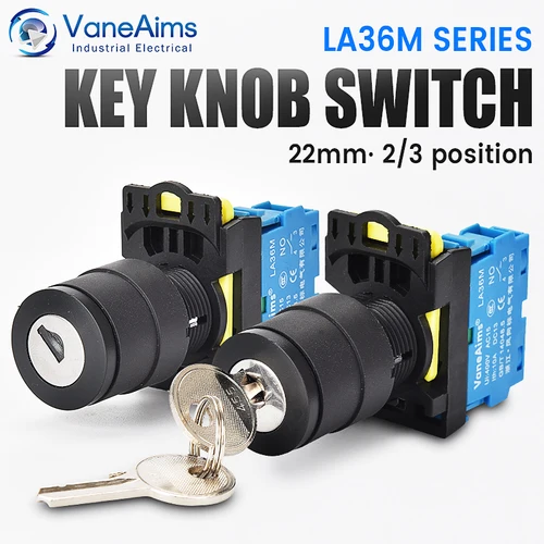 Imagen 1 del producto VaneAims 22mm LA36M interruptor de llave 12v 220v 10A 2 posiciones 1NO botón de encendido y apagado 2NO 3 posiciones Selector de interruptor giratorio con llaves