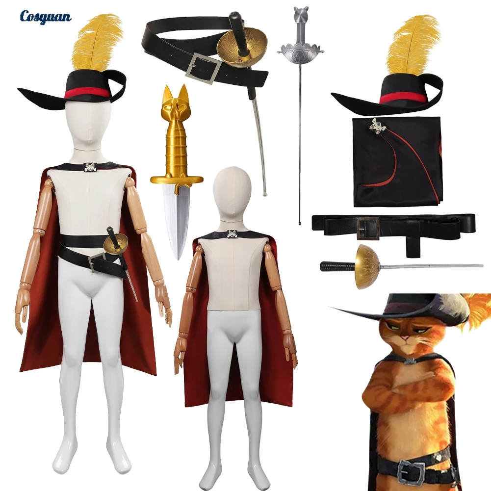 

Кот в сапогах, косплей, одежда фехтовальщика с котом, плащ, шляпа, пояс, аксессуары для костюмов, детский реквизит для маскировки на Хэллоуин, карнавал и вечеринку