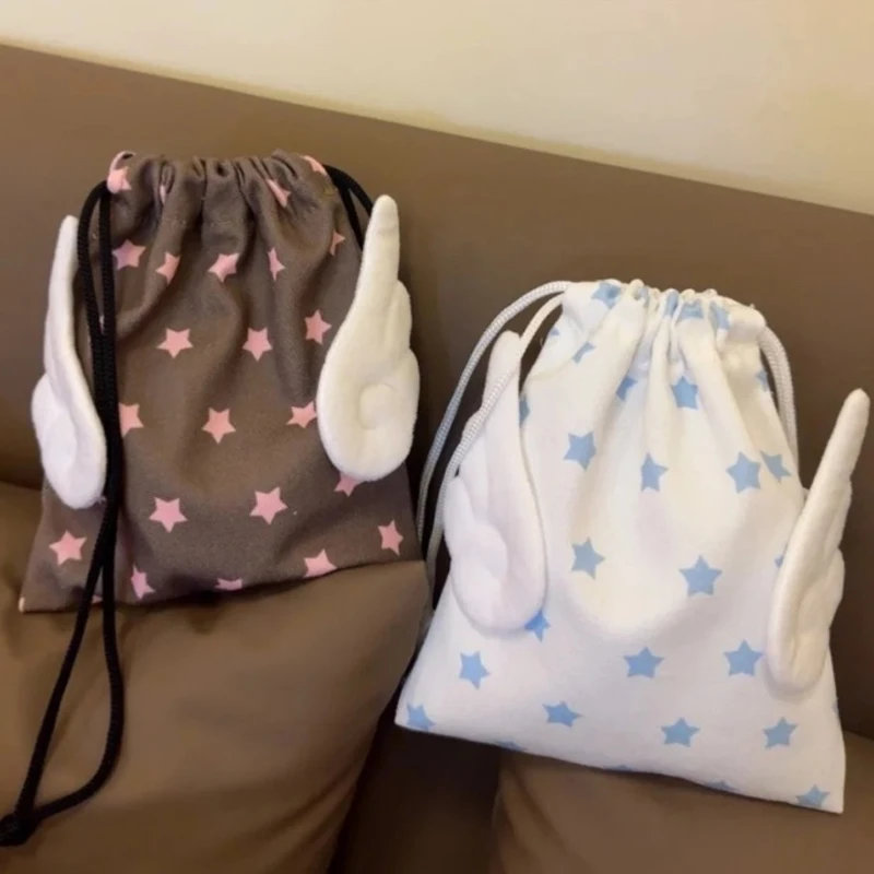 

Пылезащитная парусиновая косметичка с крыльями и звездами, сумка для хранения на шнурке, корейская модная портативная сумка-органайзер, карманные канцелярские сумки