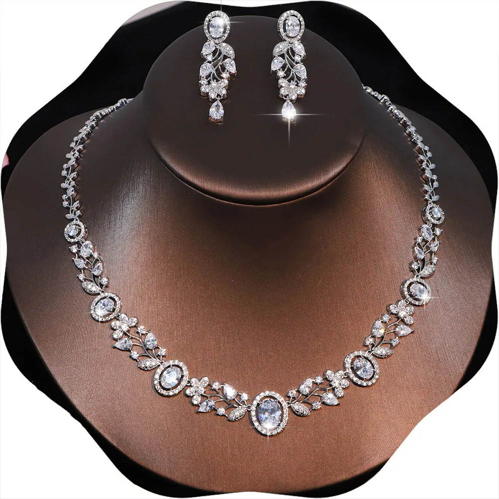 Exquisite Cubic Zirconia Necklace 2PCS High-Quality Dubai Women's Wedding and Celebration Jewelry