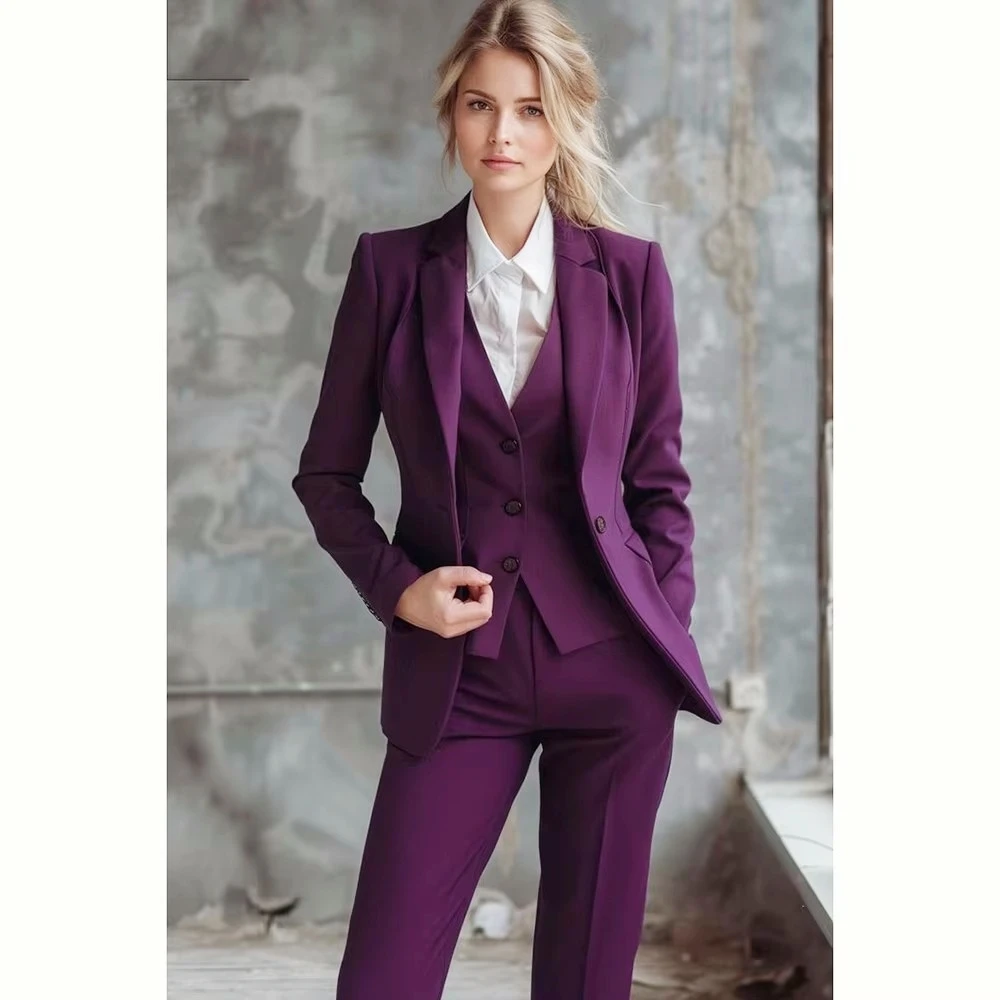 

New Ladies Suit Women 3 Piece Purple Formal Jacket Vest Trouser Female Business Work Wear Set Notch Lapel One Button Blazer Set