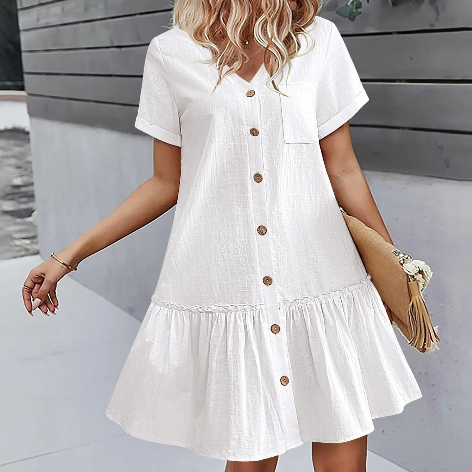 

Casual Solid Color Summer Mini Dress For Women V-Neck Ruffles Short Sleeve Short Dress Ladies Fashion Loose Button Dresses