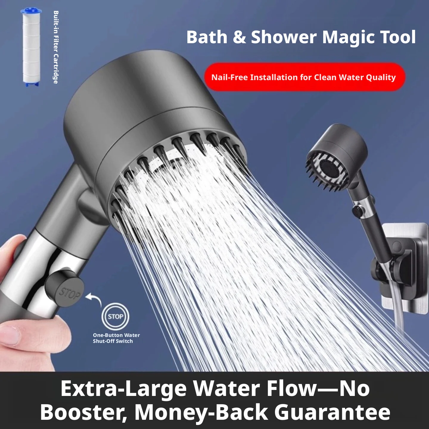 High Pressure Massage Showerhead 4 Modes Rainfall Shower Head One-Key Stop Water With Filter Element Bathroom Accessories