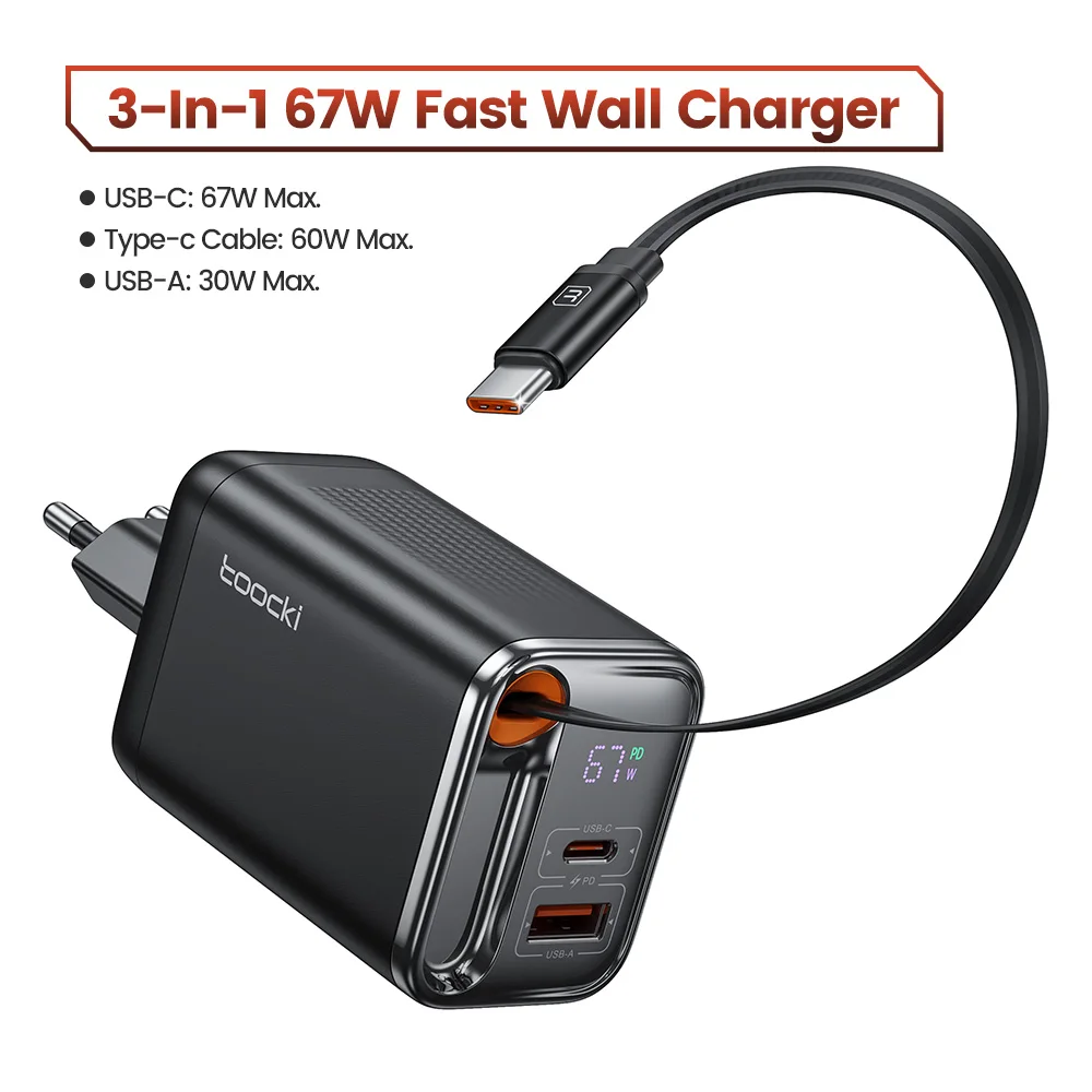 Toocki 67 W GaN USB-C-Ladegerät mit einziehbarem Typ-C-Kabel PPS PD3.0 SFC2.0 Schnellladegerät für iPhone 16 15 Samsung S25 S24 Laptop