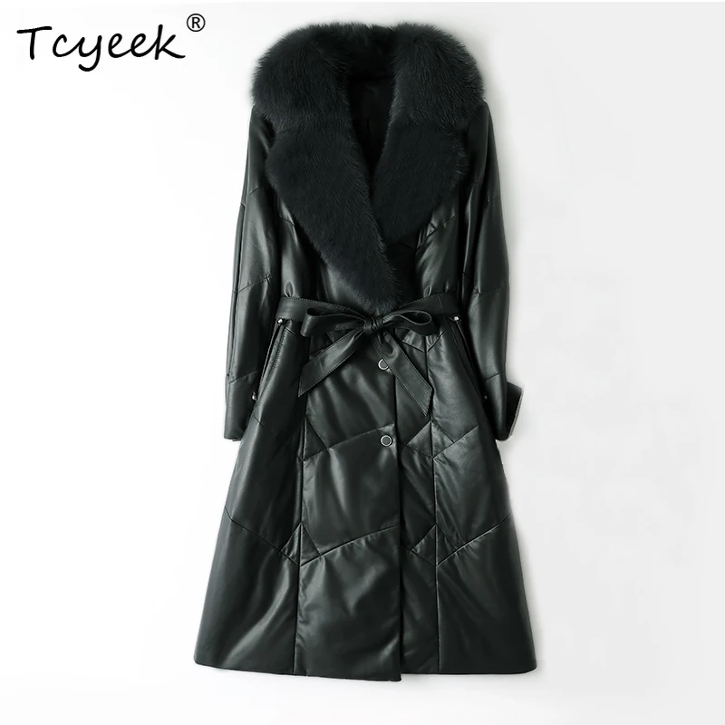 Tcyeek Top Layer Real Sheepskin Autumn Winter Fox Fur Collar V-neck Medium Length Women's Down Coat Casacas Para Mujer Invierno